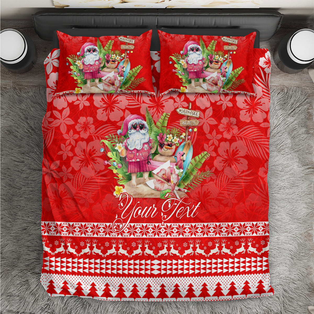 Red Christmas bedding set with Santa beach artwork, tropical flowers, and Your Text