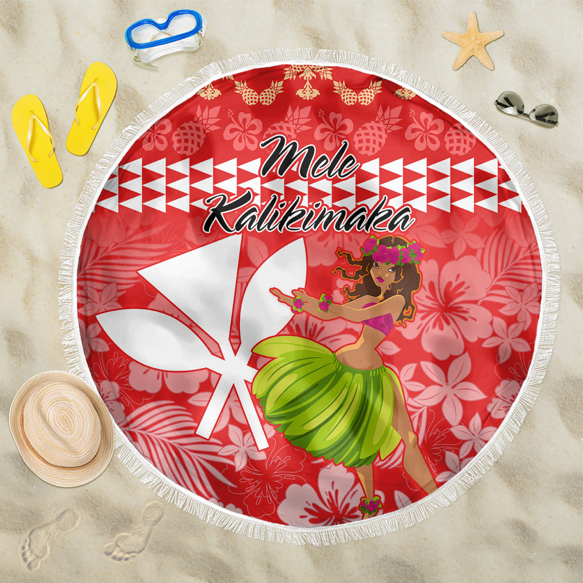 Red round beach blanket with fringe, hula dancer and white star holiday design
