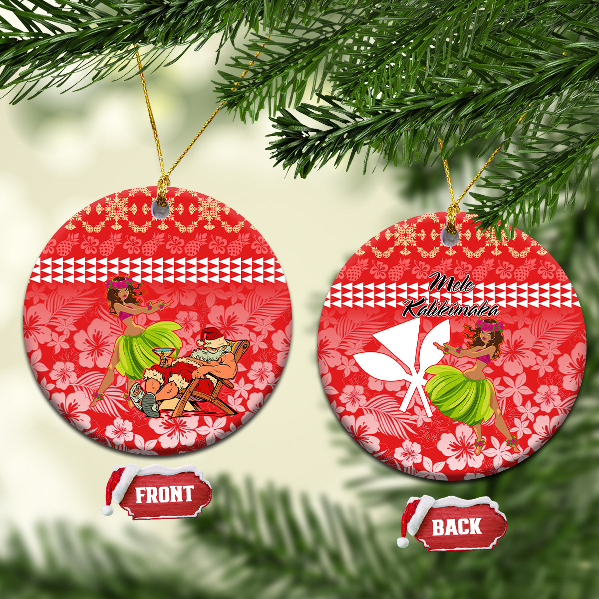 Red ceramic round Christmas ornament set with Santa and hula dancer artwork, gold hanging loop