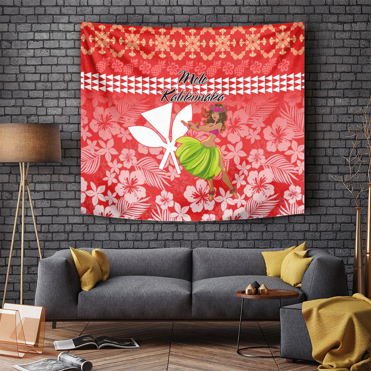 Red Christmas tapestry with hula dancer and Santa, floral design and Mele Kalikimaka text
