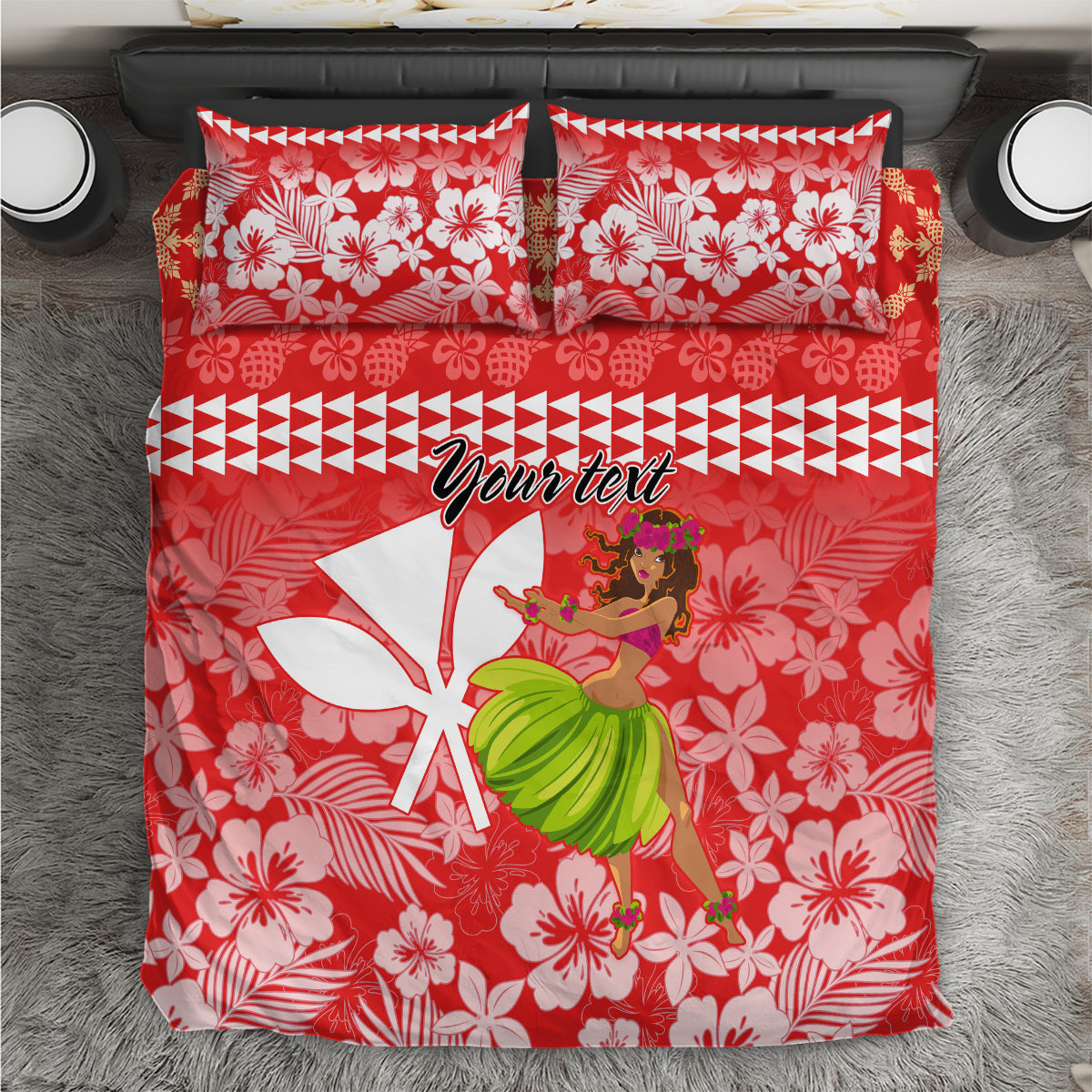 Red personalized bedding set with two pillows, hula dancer, floral and geometric design