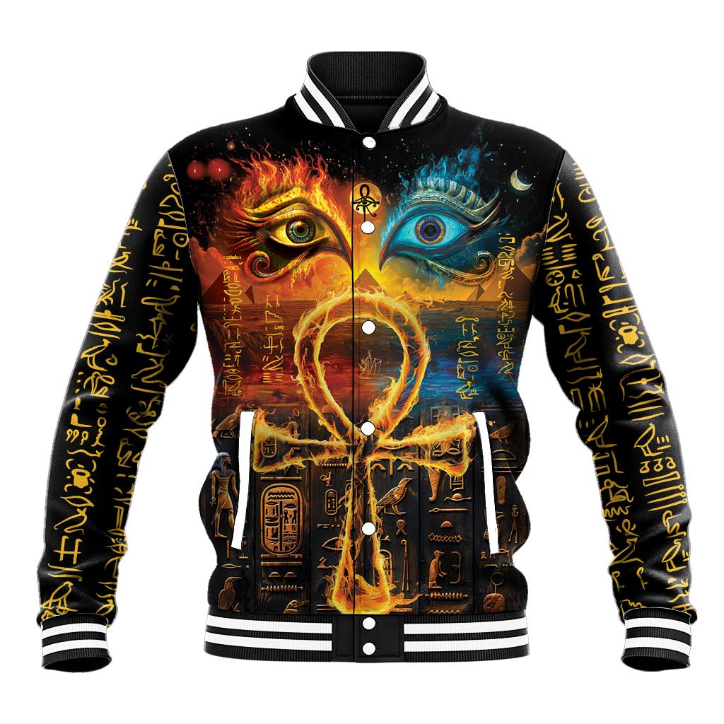 Black unisex baseball jacket with front graphic of Egyptian eyes and hieroglyph sleeves