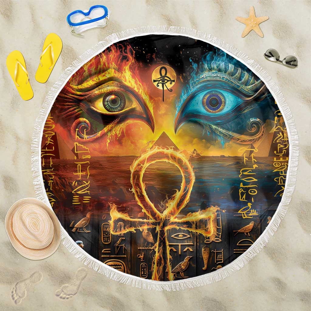 Round black beach blanket with white fringe, glowing Eye of Horus and eye artwork