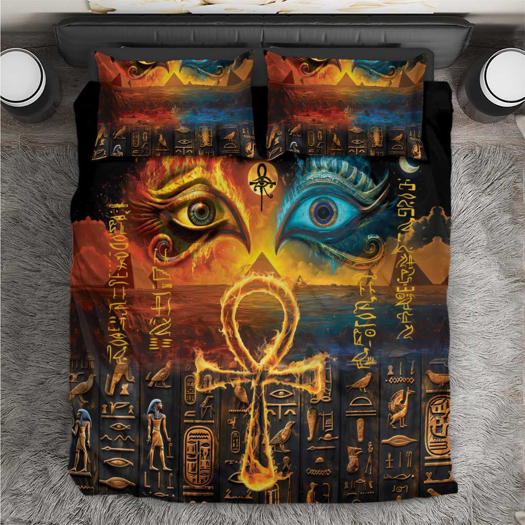 Black Egyptian eye bedding set with two mirrored face eyes and glowing heart symbol