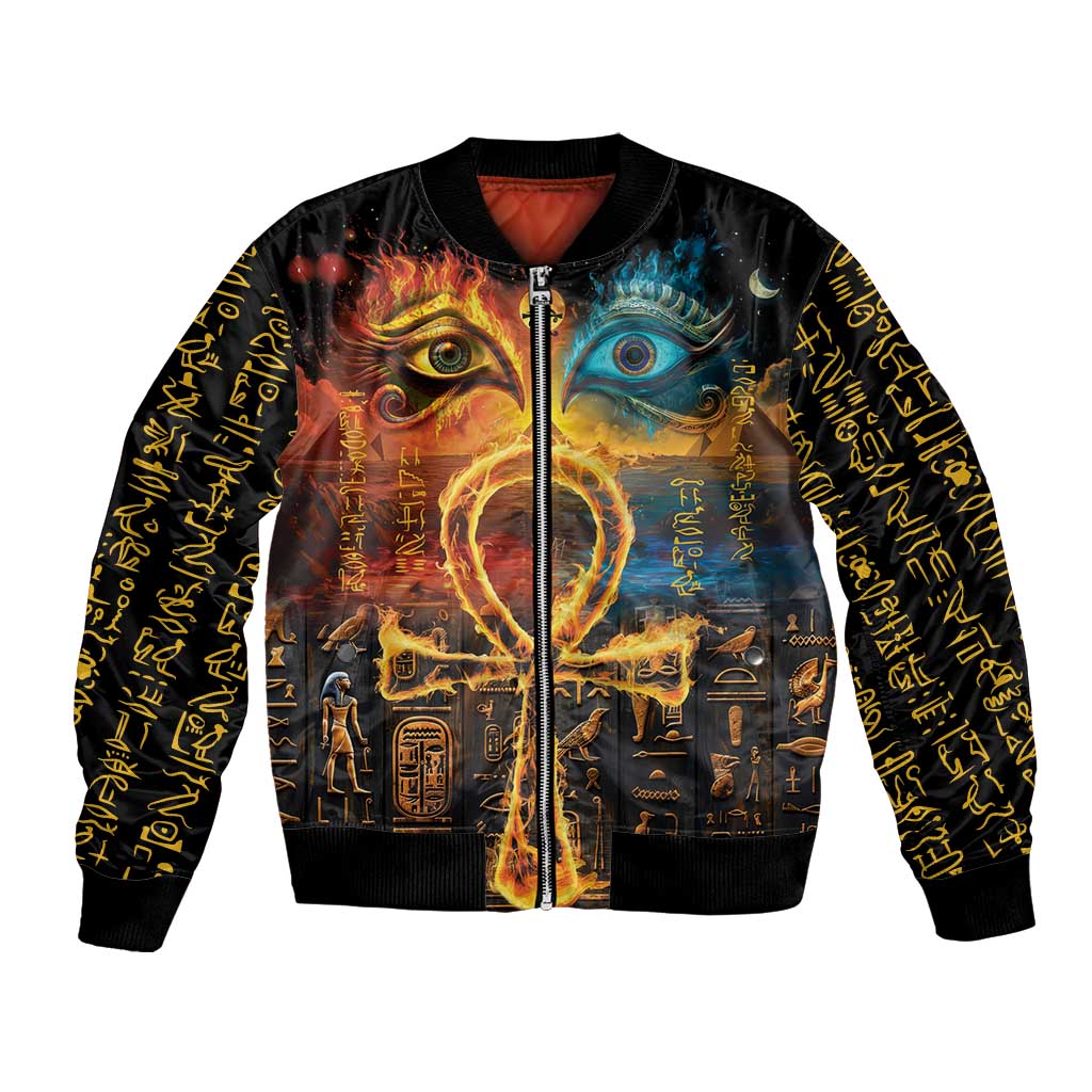 Black unisex bomber jacket with front zipper and colorful Eye of Horus graphic