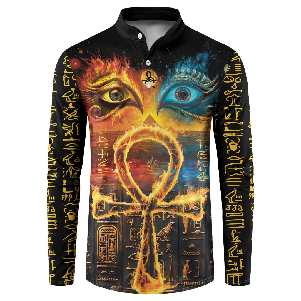 Black long-sleeve button sweatshirt with fiery-blue Eye of Horus & Ra front art