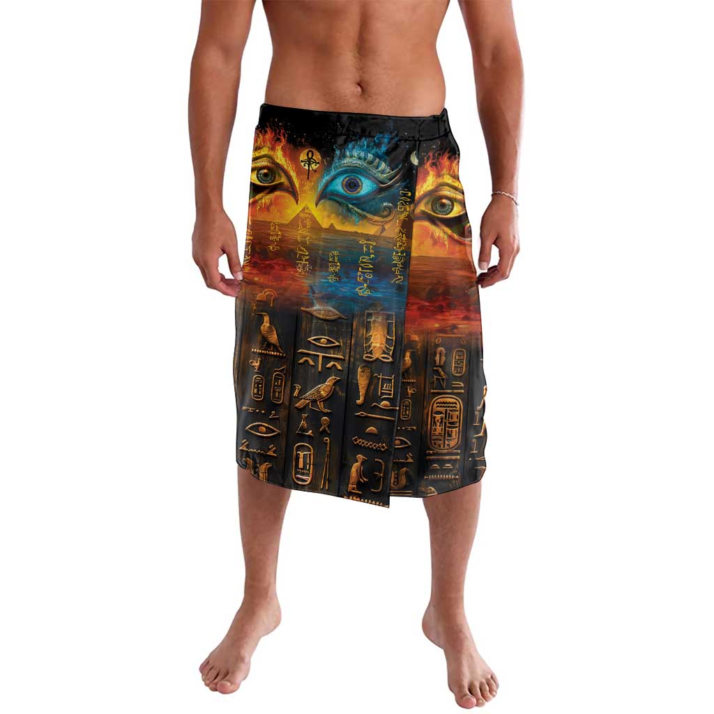 Black ancient Egyptian eye printed sarong/shorts with gold, blue, and brown graphic