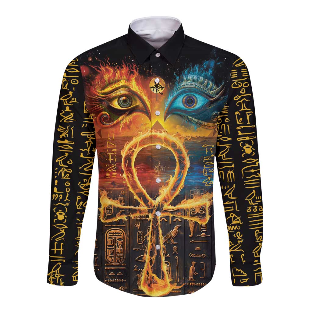 Black long-sleeve button shirt with glowing Egyptian eye graphic and hieroglyph sleeves