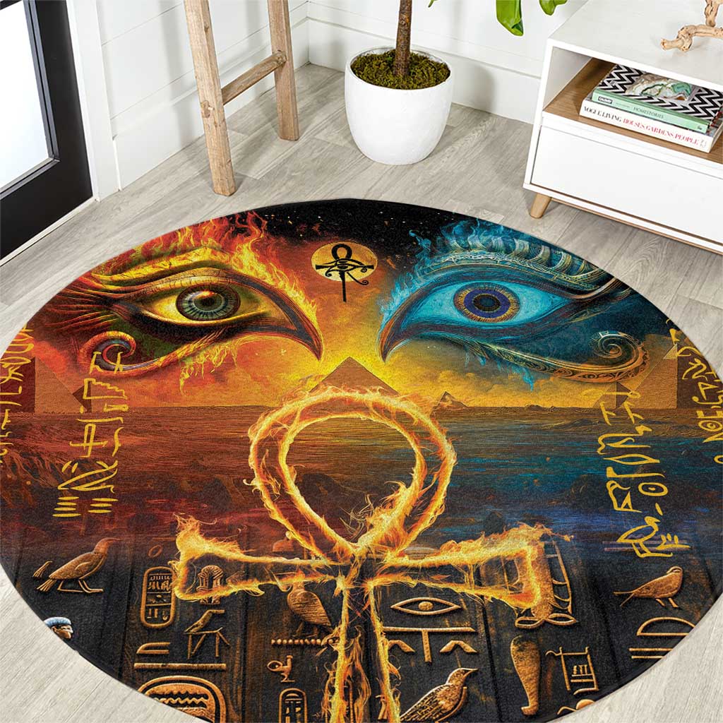 Black round carpet with fiery gold and teal Eye symbols and hieroglyph patterns
