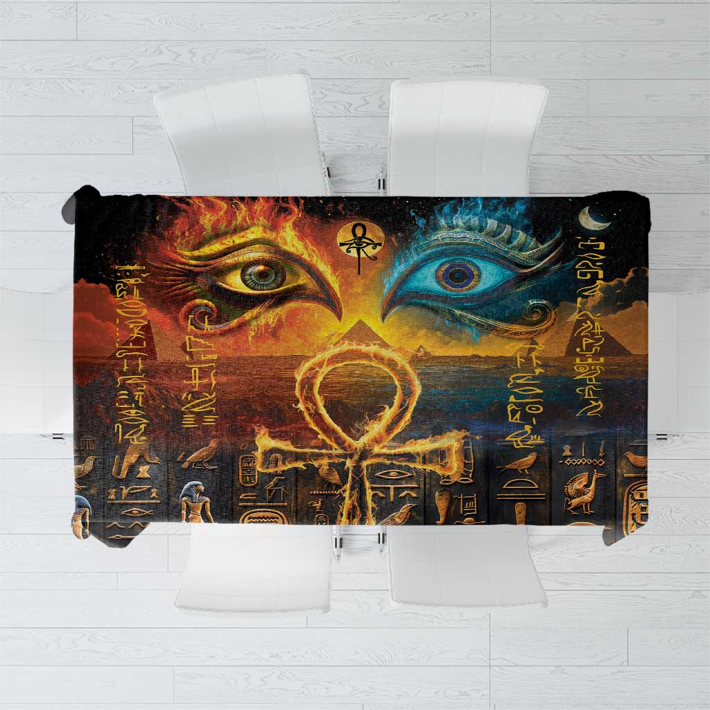 Black tablecloth with golden and blue Eye of Ra and Eye of Horus motif
