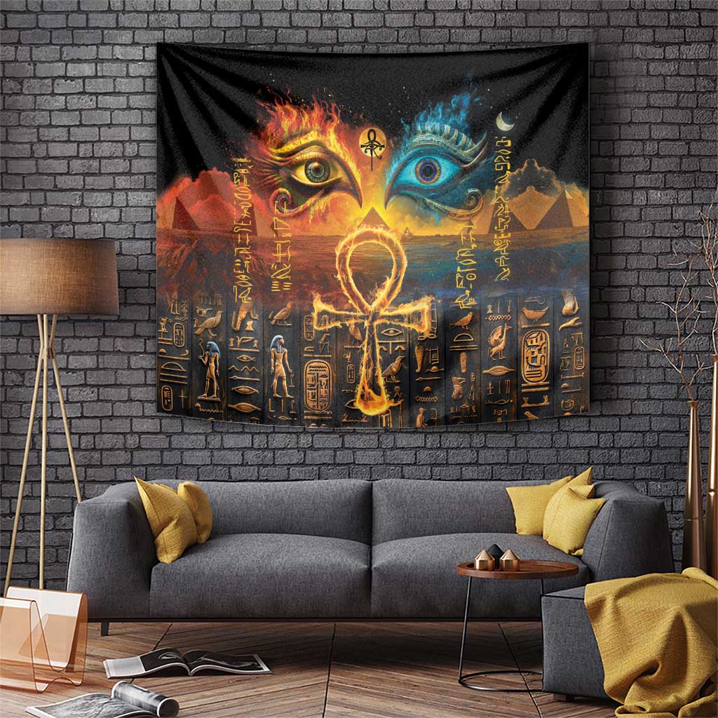 Black Egyptian tapestry with twin glowing eyes and gold ankh motif, wall hanging decor