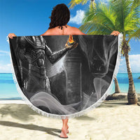 Black round beach blanket with fringed edge, Anubis graphic centered