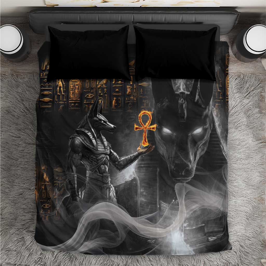 Black Egyptian Anubis bedding set with gold hieroglyph symbols, black pillowcases