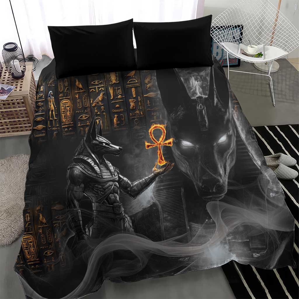 Black Egyptian Anubis bedding set featuring Anubis figure, gold symbols, two pillows