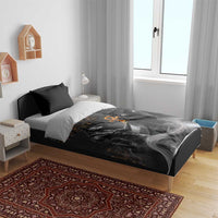 Black Egyptian Anubis duvet with gold hieroglyph pattern and orange ankh detail