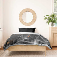 Black Egyptian Anubis duvet with orange ankh and gold symbols, one black pillow