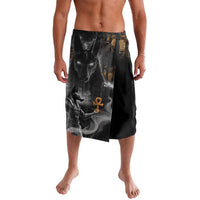 Black Egyptian god Anubis lavalava skirt with front graphic print and orange emblem