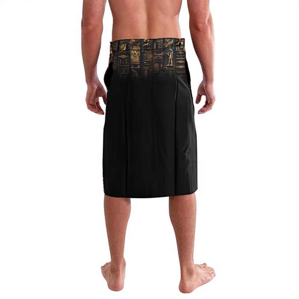 Black Egyptian Anubis lavalava skirt with gold-pattern waistband and solid back