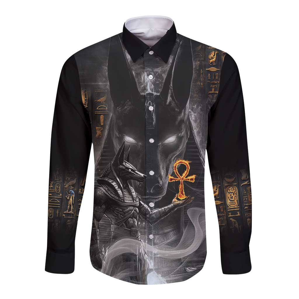 Black long-sleeve button shirt with large Anubis-style front graphic and gold details