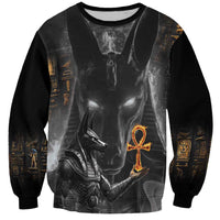 Black sweatshirt with large Anubis graphic front and long sleeves, dark hieroglyph details