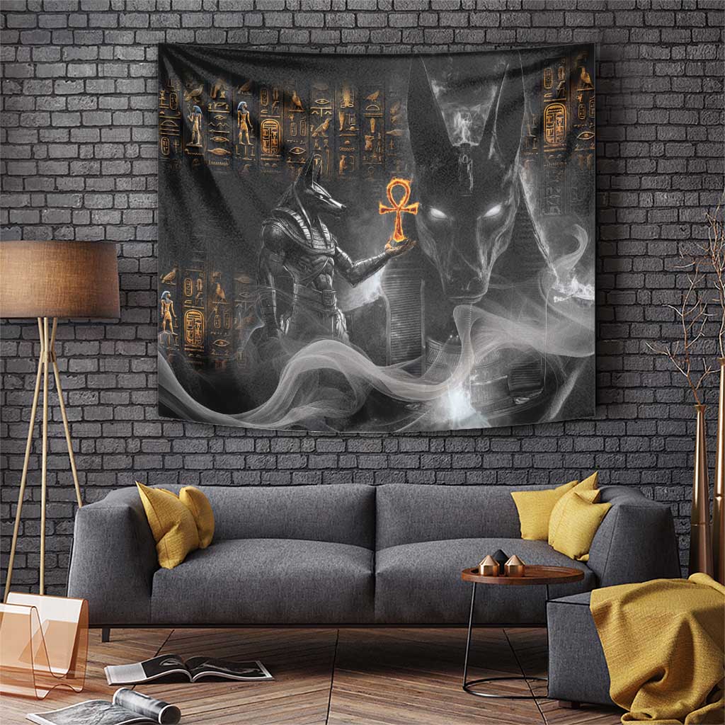 Black Anubis Egyptian tapestry with golden hieroglyphs and orange ankh motif, wall-hung