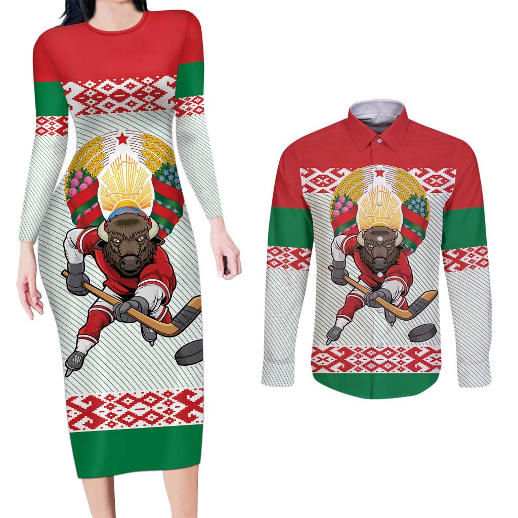 Belarus Ice Hockey Custom Couples Matching Long Sleeve Bodycon Dress and Long Sleeve Button Shirt With Bison Mascot Flag Style