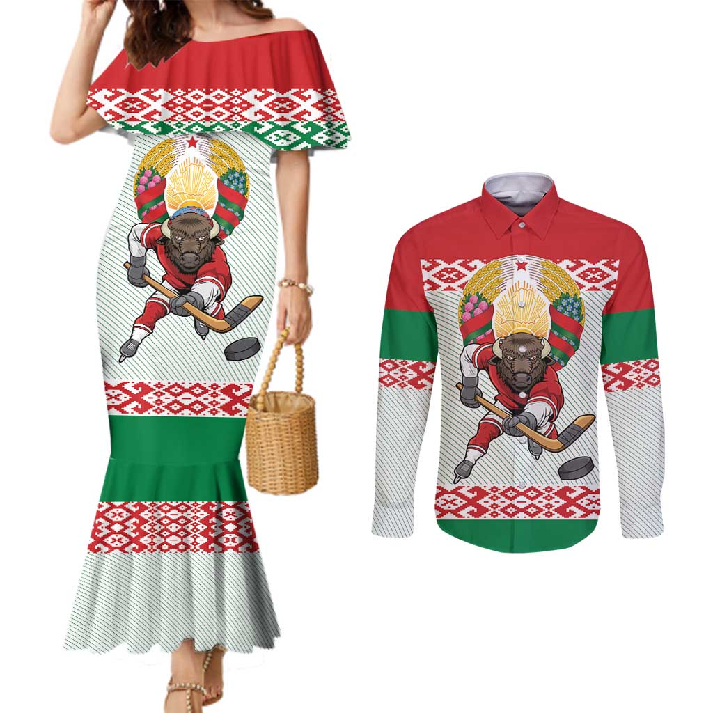 Belarus Ice Hockey Custom Couples Matching Mermaid Dress and Long Sleeve Button Shirt With Bison Mascot Flag Style