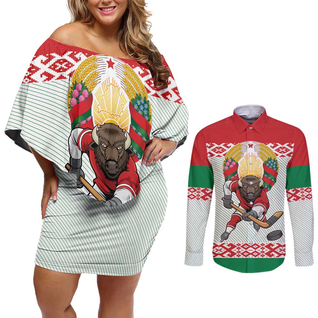 Belarus Ice Hockey Custom Couples Matching Off Shoulder Short Dress and Long Sleeve Button Shirt With Bison Mascot Flag Style