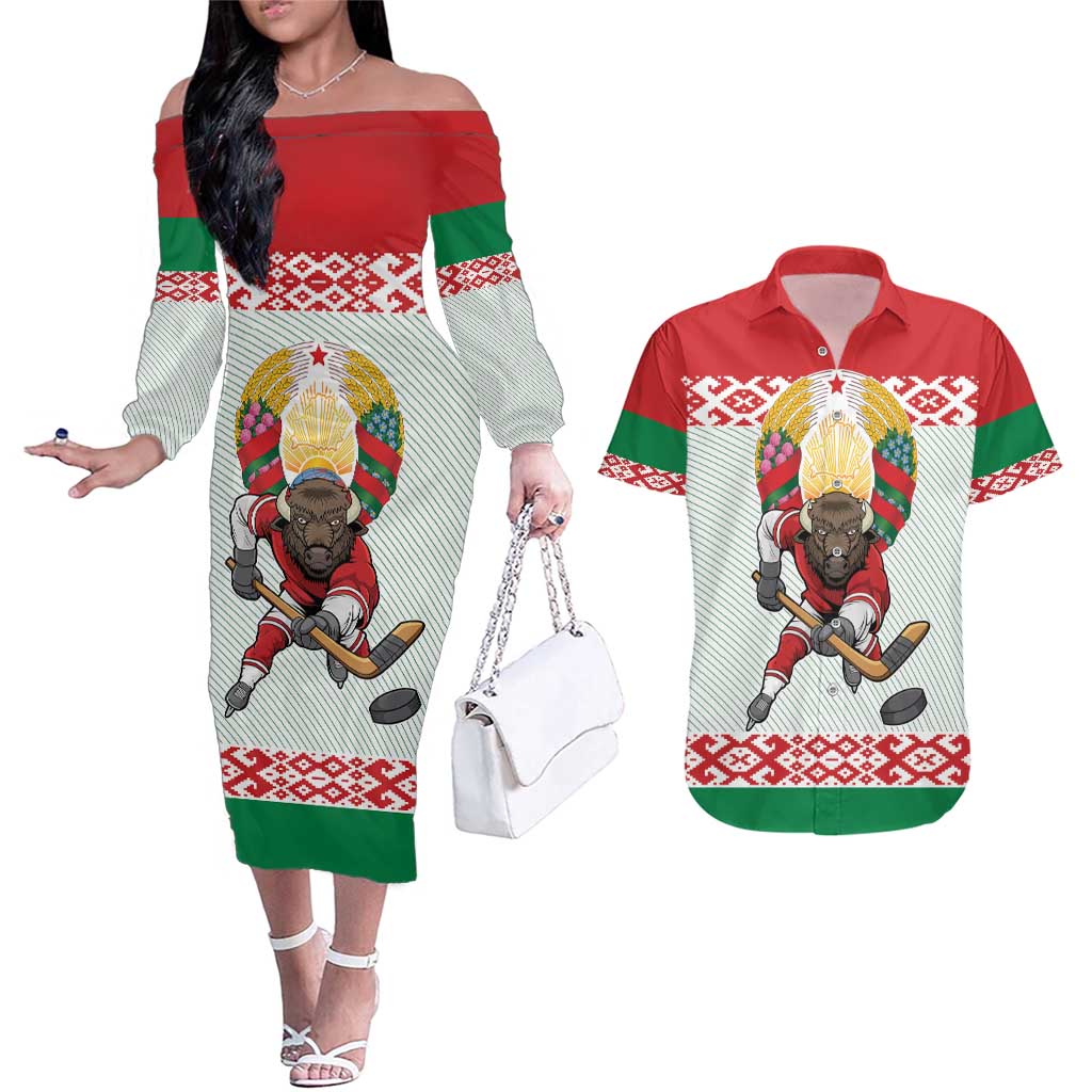 Belarus Ice Hockey Custom Couples Matching Off The Shoulder Long Sleeve Dress and Hawaiian Shirt With Bison Mascot Flag Style