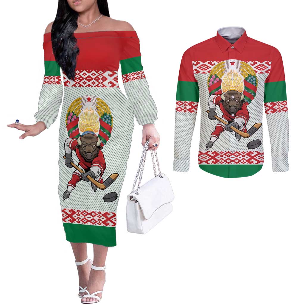 Belarus Ice Hockey Custom Couples Matching Off The Shoulder Long Sleeve Dress and Long Sleeve Button Shirt With Bison Mascot Flag Style