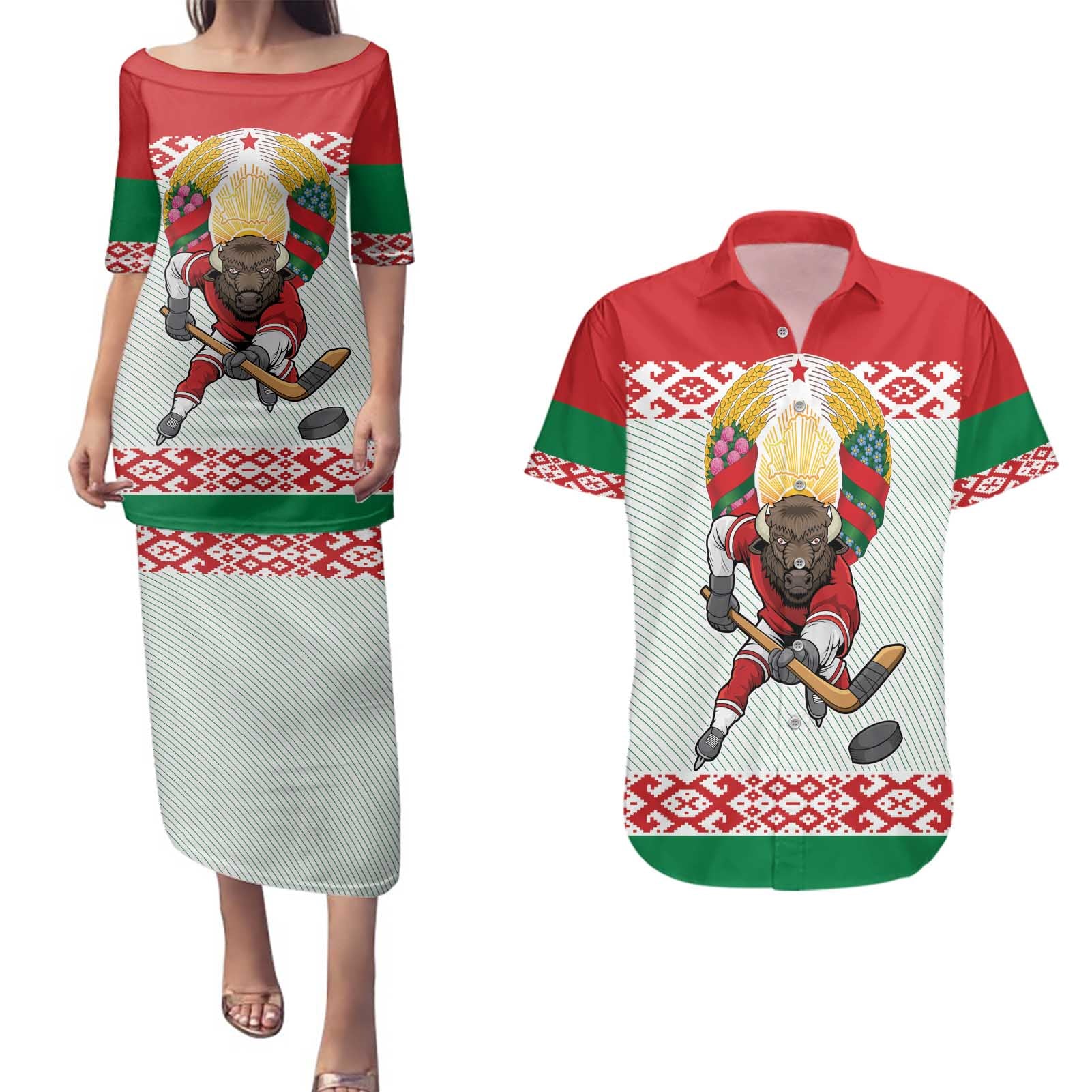 Belarus Ice Hockey Custom Couples Matching Puletasi and Hawaiian Shirt With Bison Mascot Flag Style