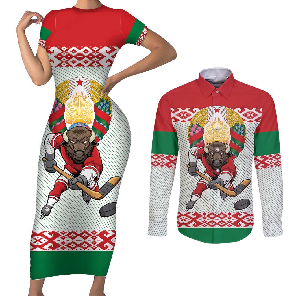 Belarus Ice Hockey Custom Couples Matching Short Sleeve Bodycon Dress and Long Sleeve Button Shirt With Bison Mascot Flag Style