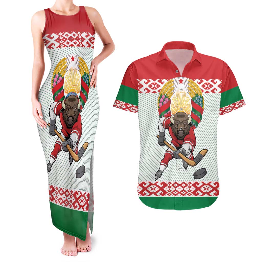 Belarus Ice Hockey Custom Couples Matching Tank Maxi Dress and Hawaiian Shirt With Bison Mascot Flag Style