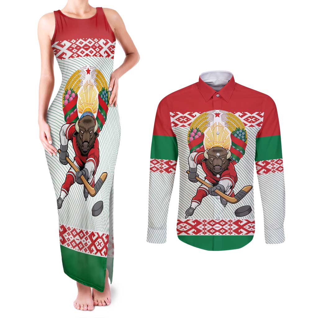 Belarus Ice Hockey Custom Couples Matching Tank Maxi Dress and Long Sleeve Button Shirt With Bison Mascot Flag Style