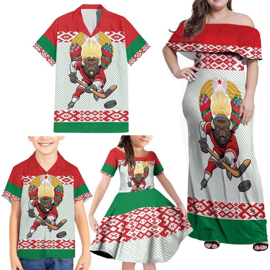 Belarus Ice Hockey Custom Family Matching Off Shoulder Maxi Dress and Hawaiian Shirt With Bison Mascot Flag Style