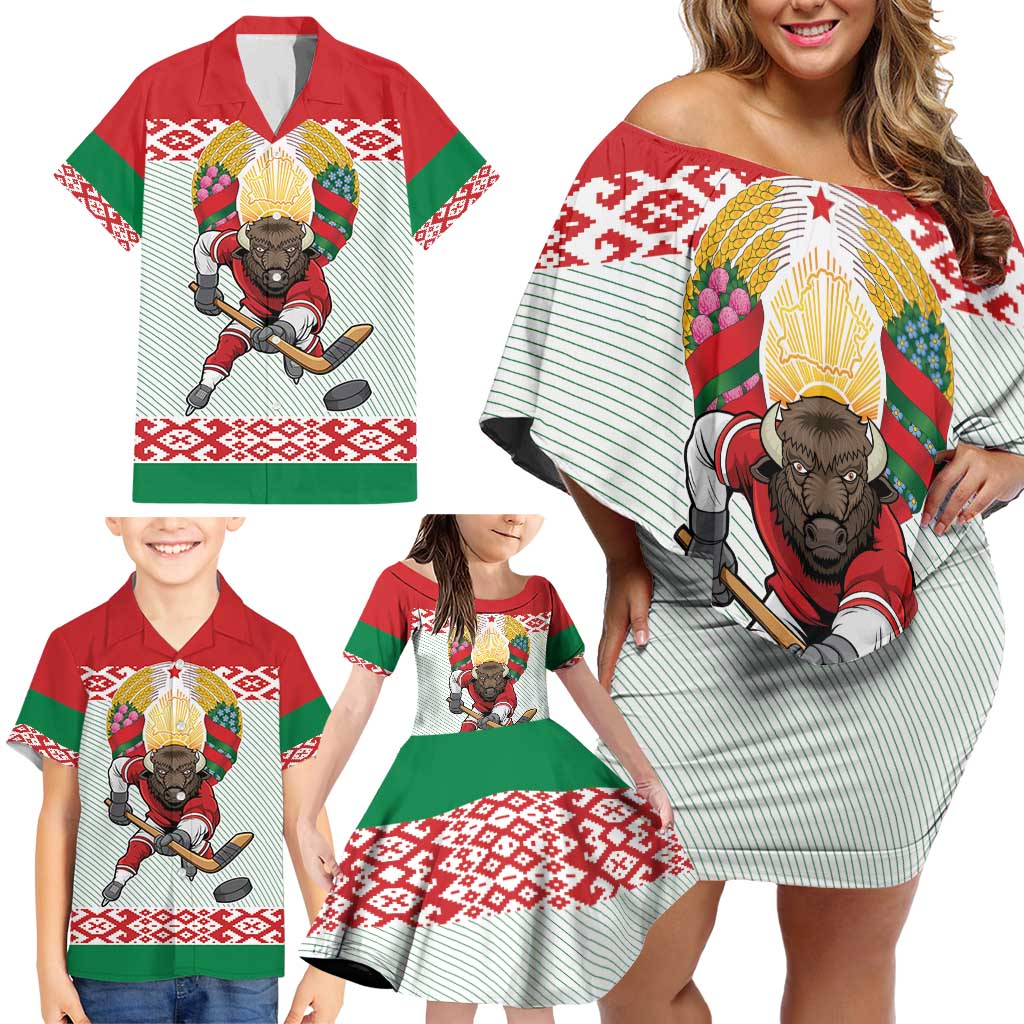 Belarus Ice Hockey Custom Family Matching Off Shoulder Short Dress and Hawaiian Shirt With Bison Mascot Flag Style