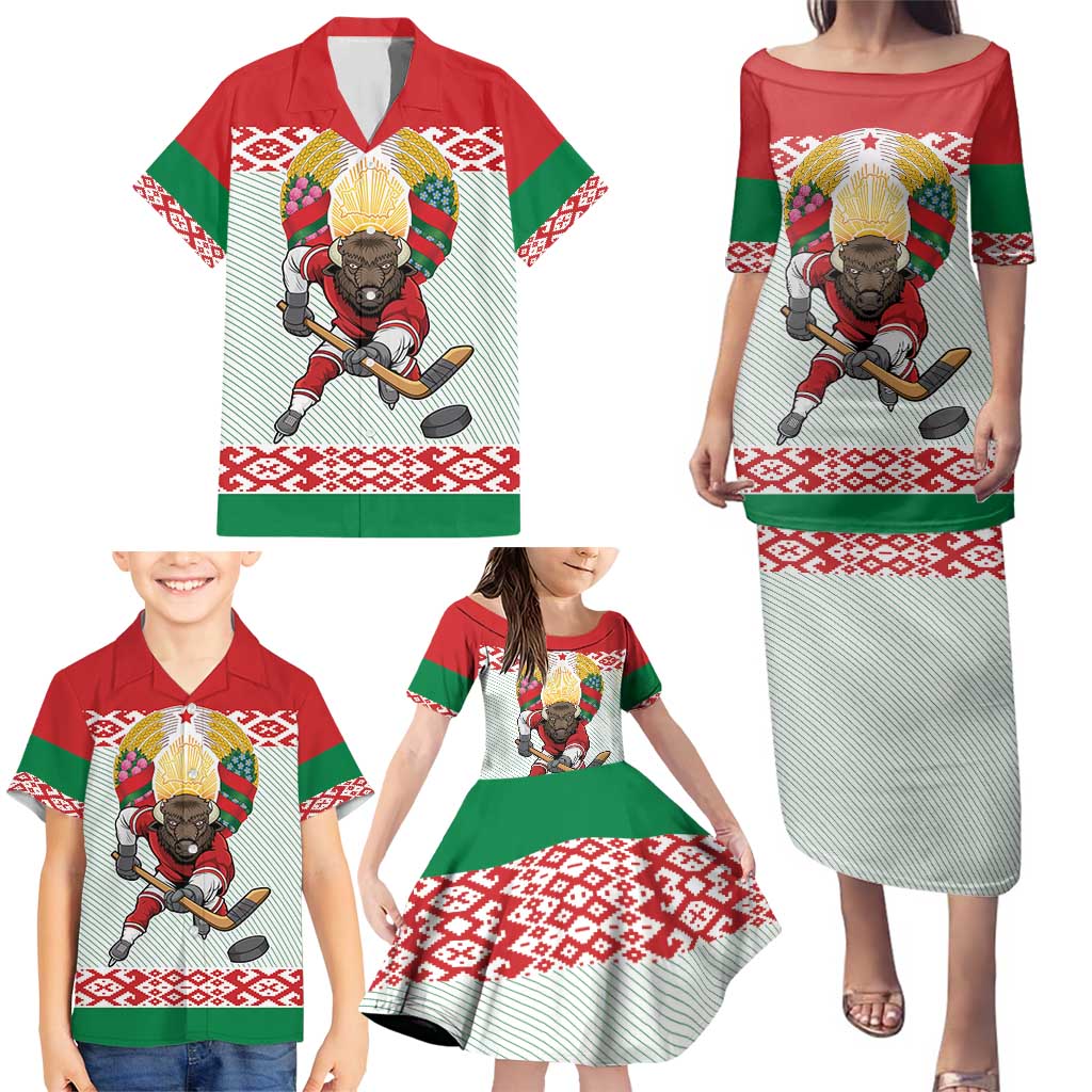 Belarus Ice Hockey Custom Family Matching Puletasi and Hawaiian Shirt With Bison Mascot Flag Style