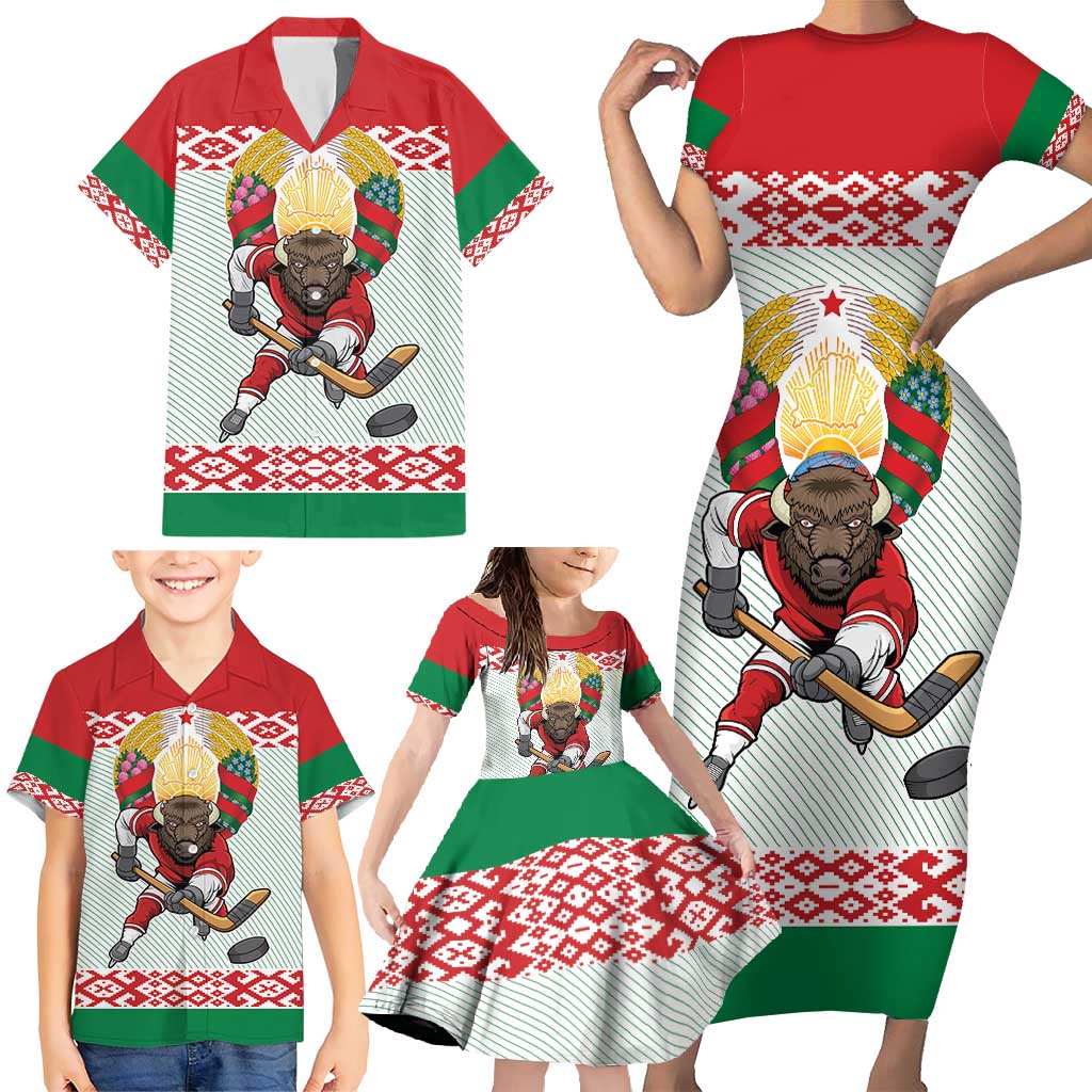 Belarus Ice Hockey Custom Family Matching Short Sleeve Bodycon Dress and Hawaiian Shirt With Bison Mascot Flag Style