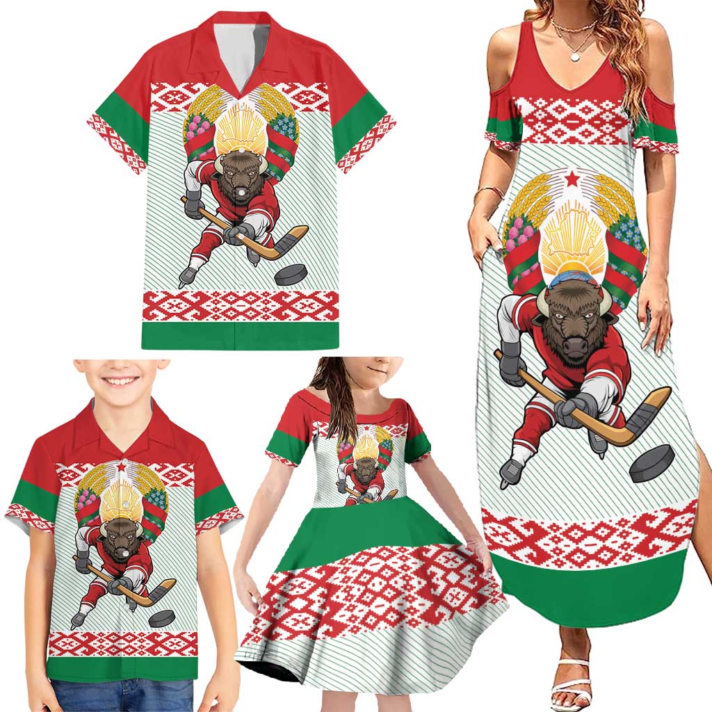 Belarus Ice Hockey Custom Family Matching Summer Maxi Dress and Hawaiian Shirt With Bison Mascot Flag Style