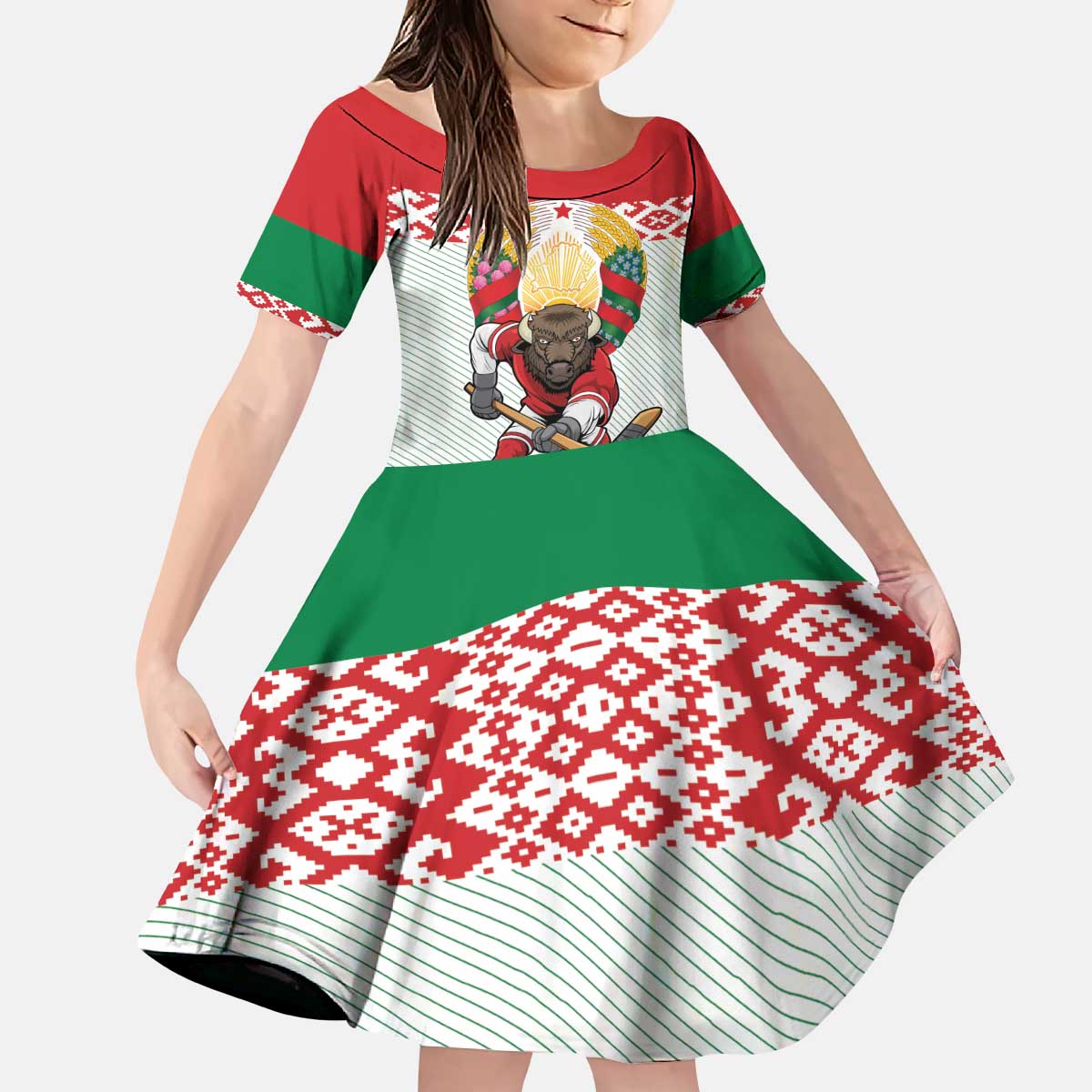 Belarus Ice Hockey Custom Kid Short Sleeve Dress With Bison Mascot Flag Style