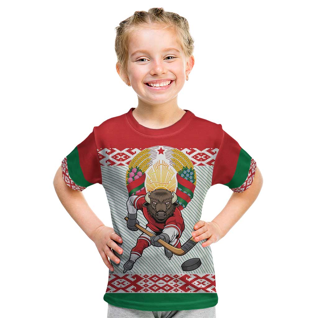 Belarus Ice Hockey Custom Kid T Shirt With Bison Mascot Flag Style