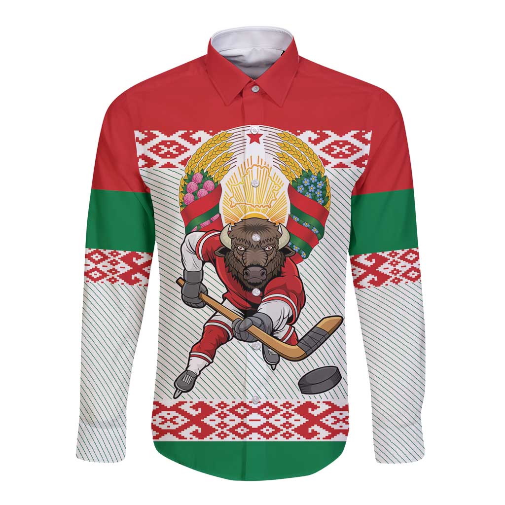 Belarus Ice Hockey Custom Long Sleeve Button Shirt With Bison Mascot Flag Style