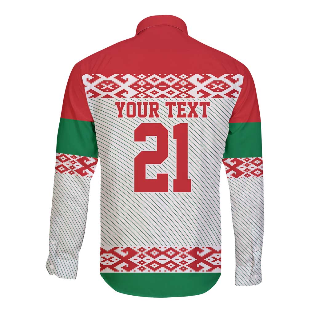 Long-sleeve button shirt, back graphic with number 21 and red green striped pattern