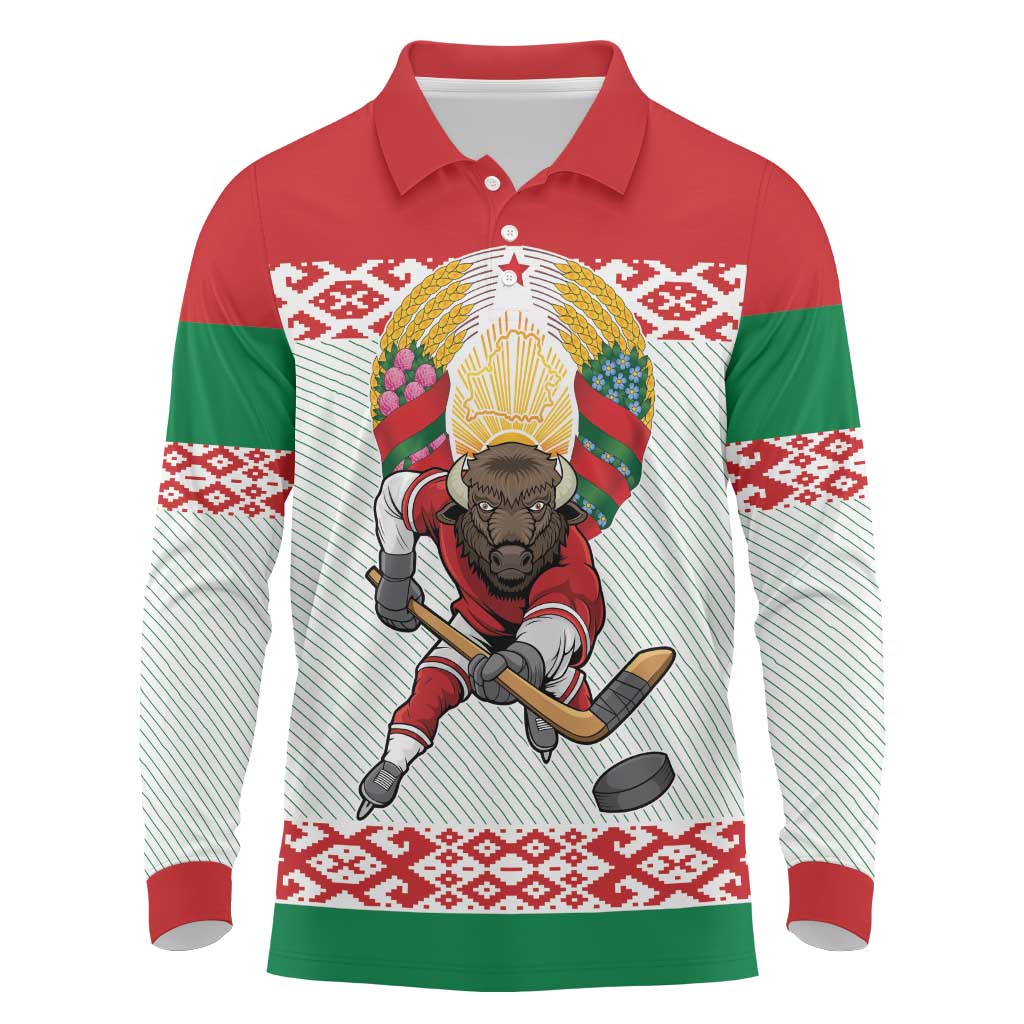 Belarus Ice Hockey Custom Long Sleeve Polo Shirt With Bison Mascot Flag Style