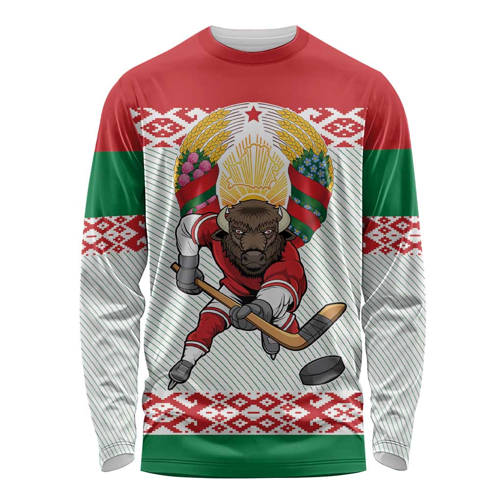 Belarus Ice Hockey Custom Long Sleeve Shirt With Bison Mascot Flag Style