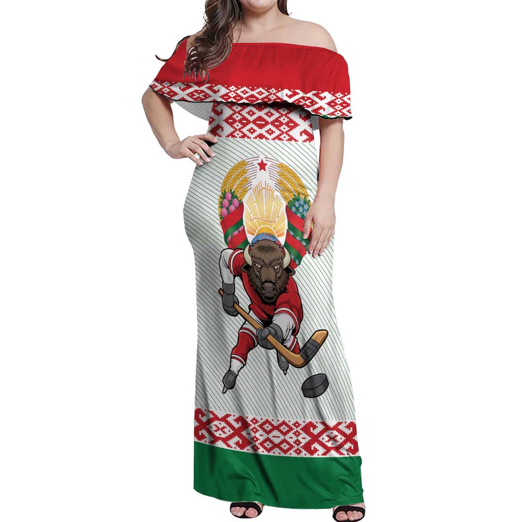 Belarus Ice Hockey Custom Off Shoulder Maxi Dress With Bison Mascot Flag Style