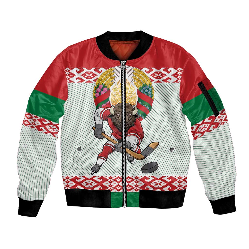 Belarus Ice Hockey Custom Sleeve Zip Bomber Jacket With Bison Mascot Flag Style