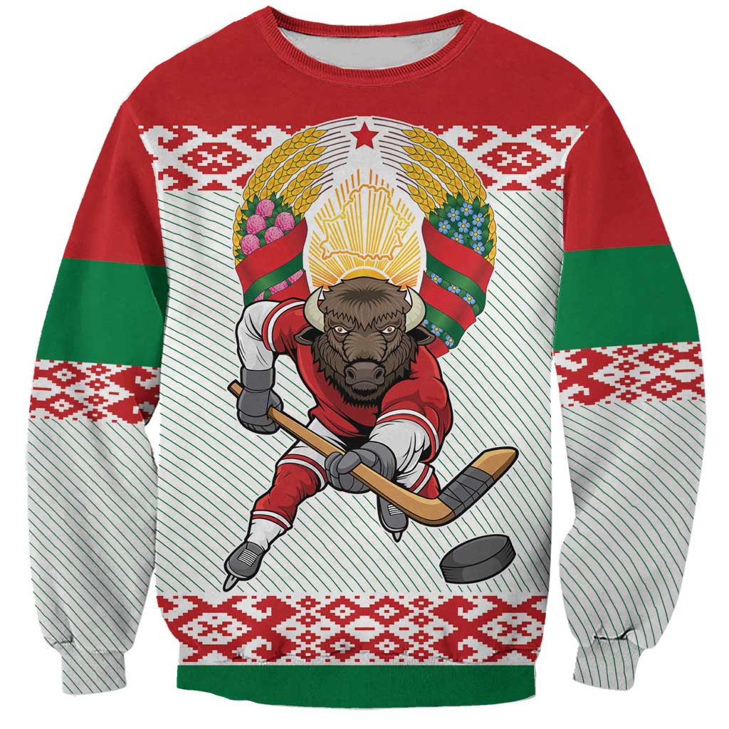 Belarus Ice Hockey Custom Sweatshirt With Bison Mascot Flag Style