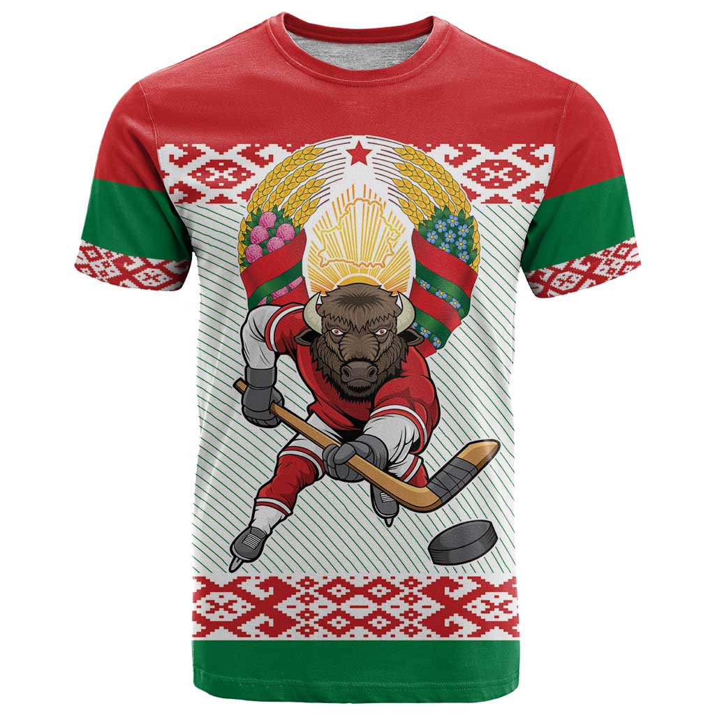 Belarus Ice Hockey Custom T Shirt With Bison Mascot Flag Style