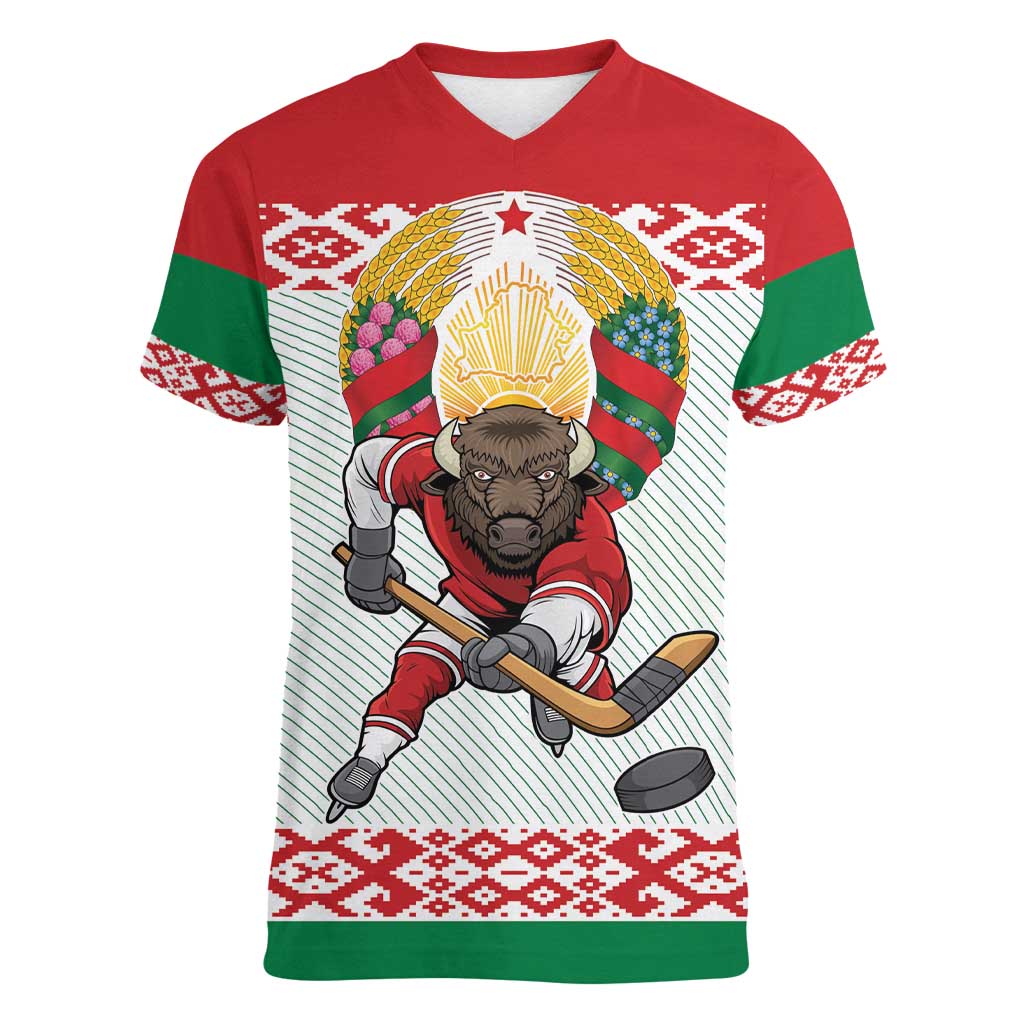 Belarus Ice Hockey Custom Women V-Neck T-Shirt With Bison Mascot Flag Style